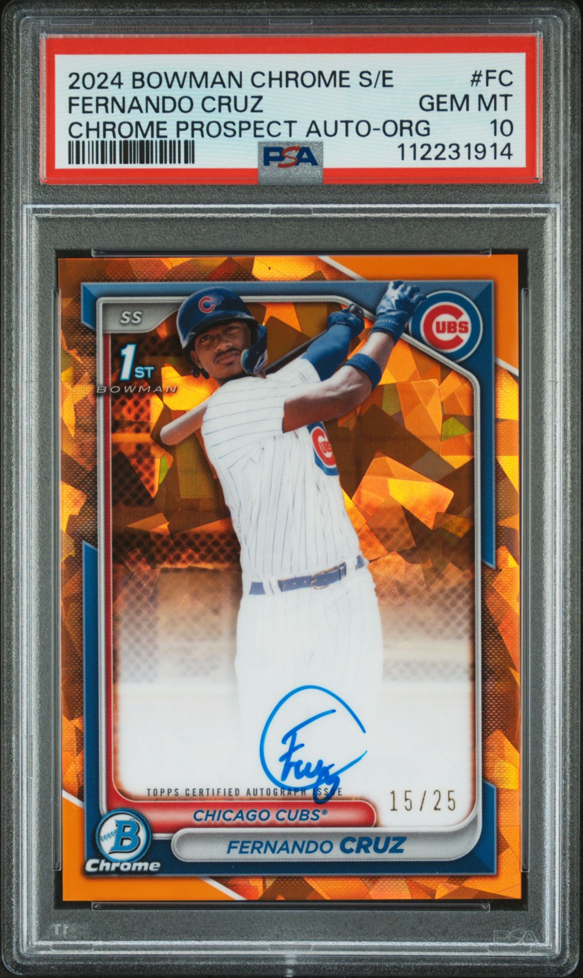 2024 Bowman Chrome Sapphire Edition Prospects Autographs FC Fernando Cruz Orange PSA 10