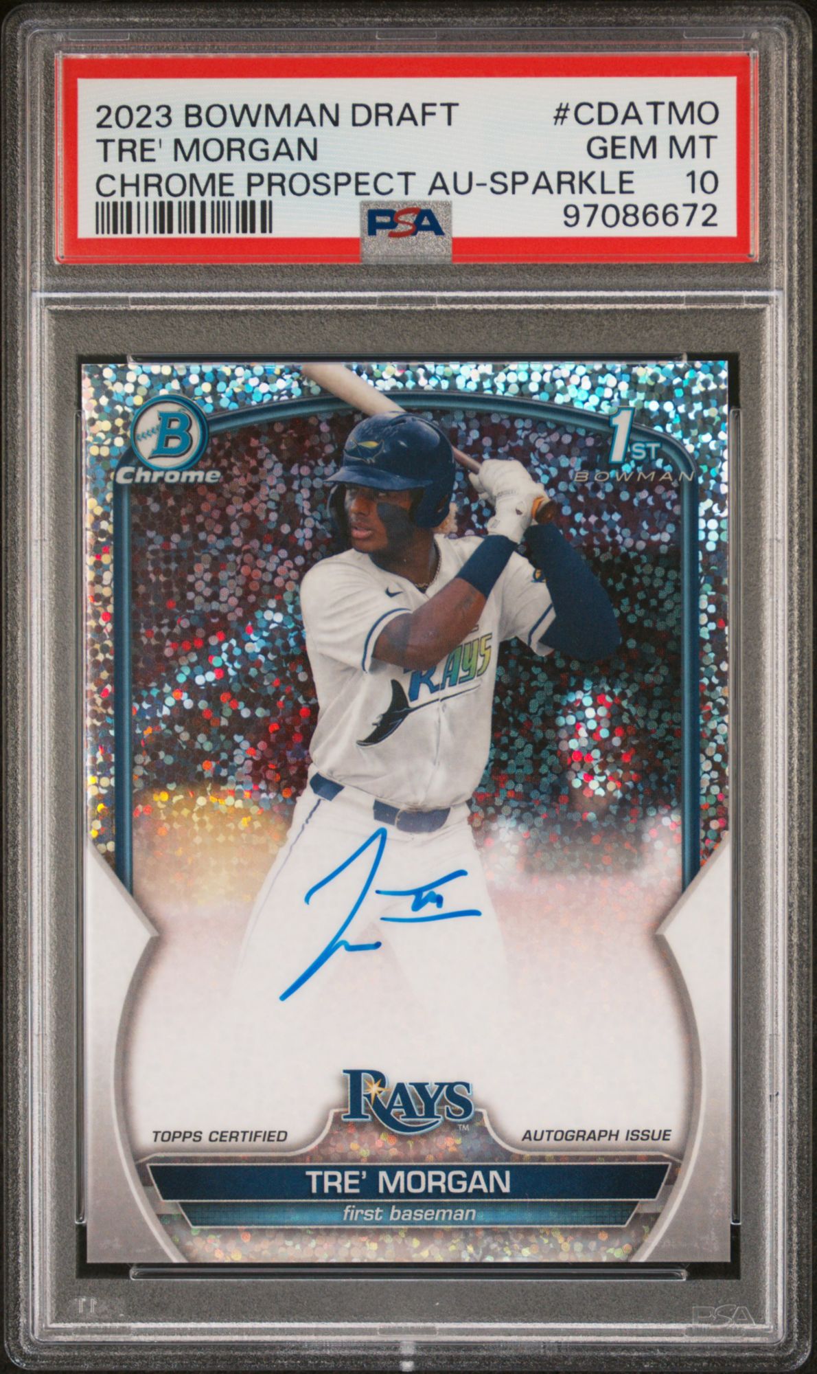 2023 Bowman Draft Chrome Prospect Autograph CDATMO Tre' Morgan Sparkle Refractor PSA 10