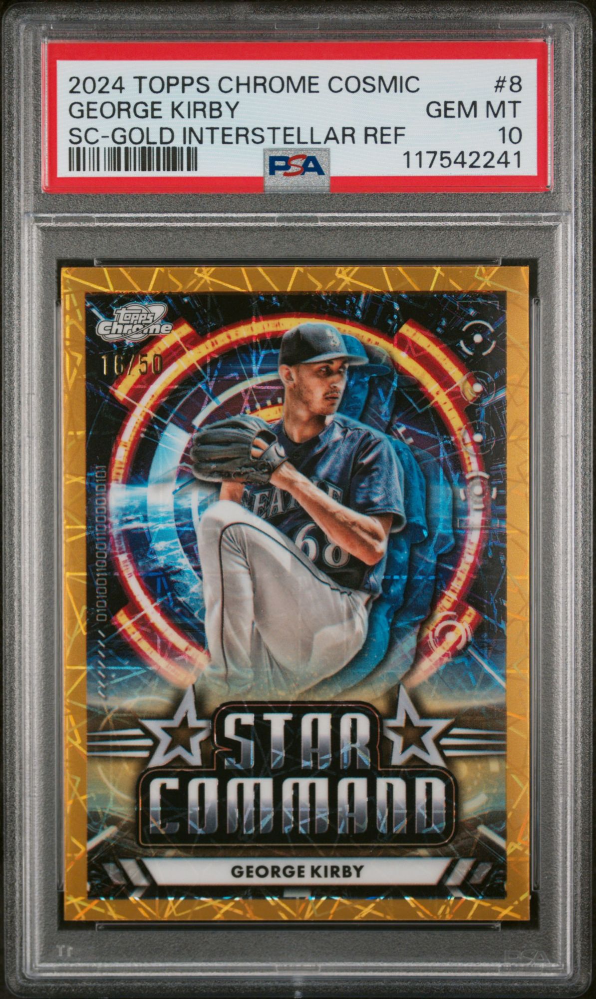 2024 Topps Cosmic Chrome Star Command 8 George Kirby Gold Interstellar Refractor PSA 10