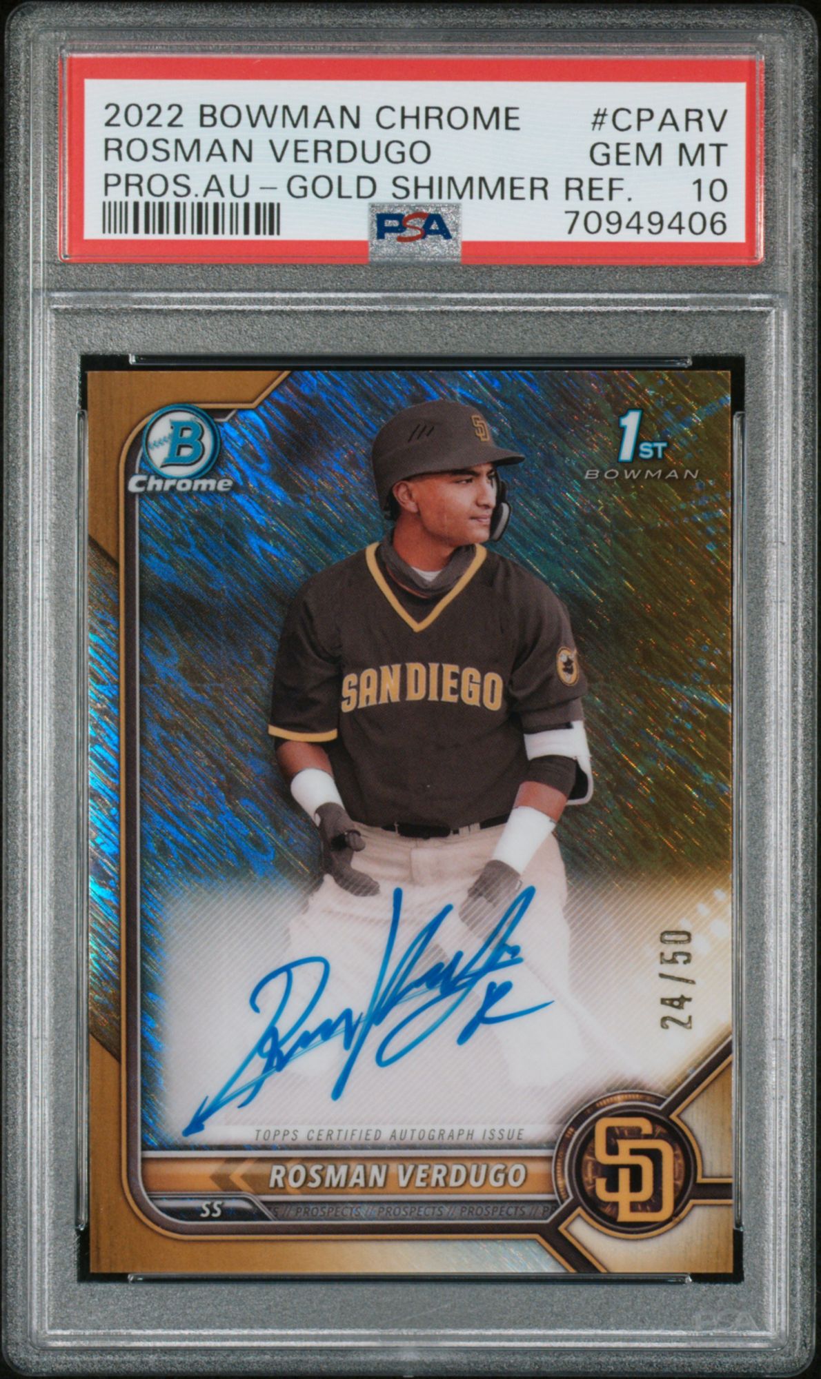 2022 Bowman Chrome Prospect Autographs CPARV Rosman Verdugo Gold Shimmer Refractor PSA 10