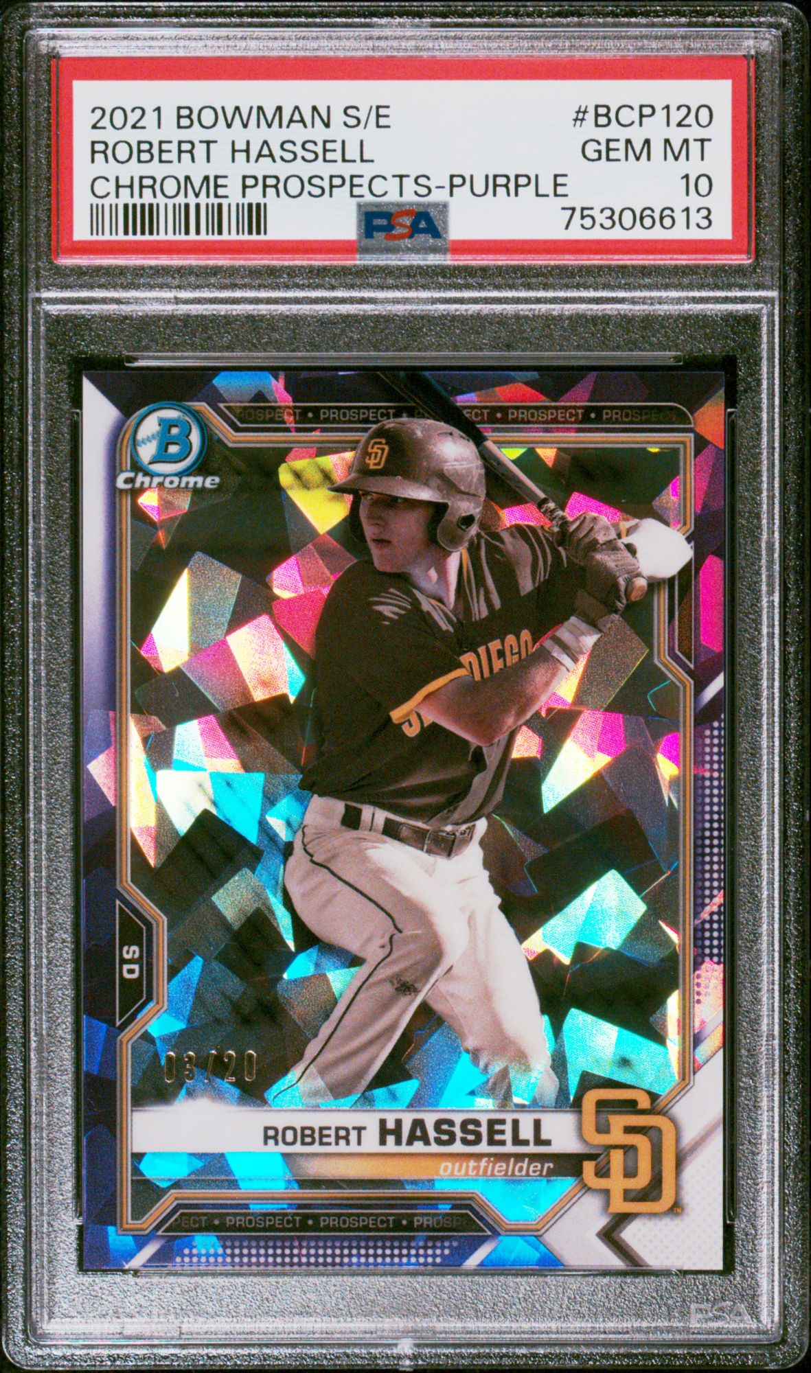 2021 Bowman Sapphire Edition Chrome Prospects BCP120 Robert Hassell Purple PSA 10