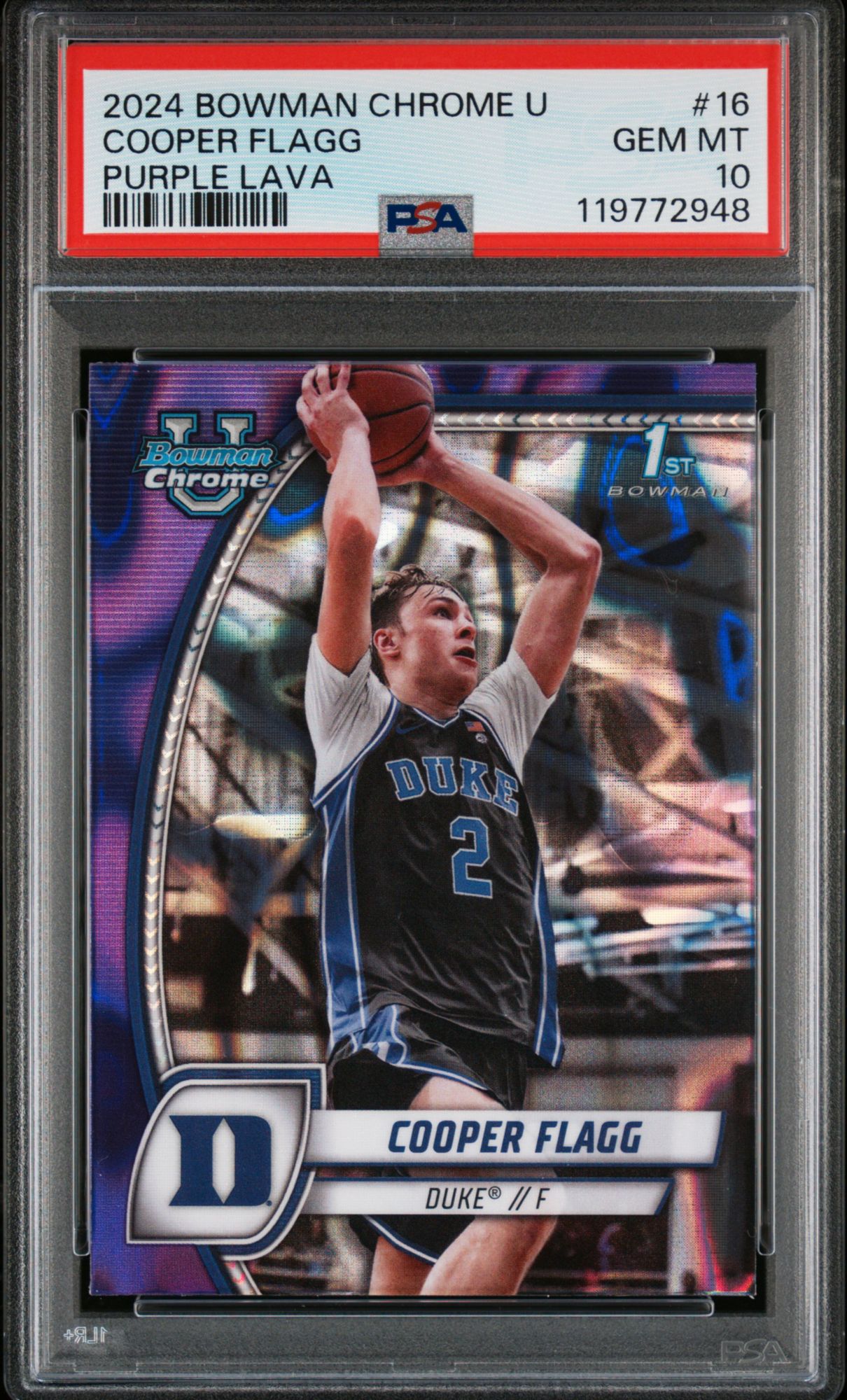 2024 Bowman Chrome University 16 Cooper Flagg Purple Lava PSA 10