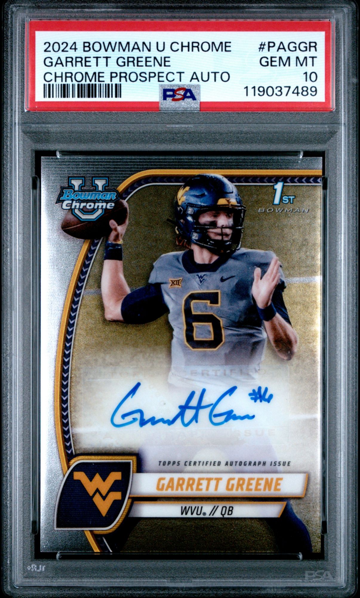 2024 Bowman University Chrome Bowman Chrome Prospect Autographs Paggr Garrett Greene PSA 10