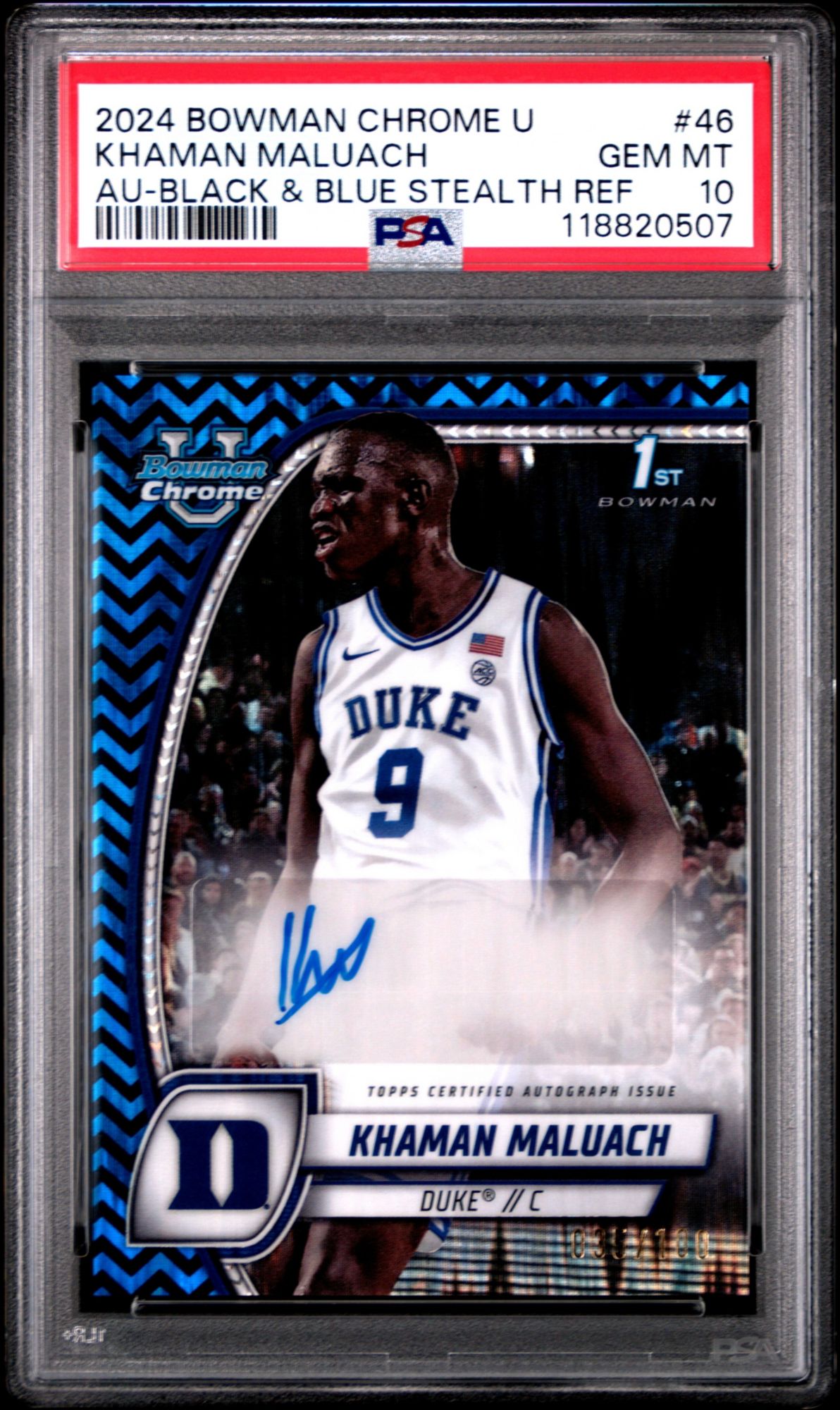 2024 Bowman Chrome University 46 Khaman Maluach Autograph-black & Blue Stealth Refractor PSA 10