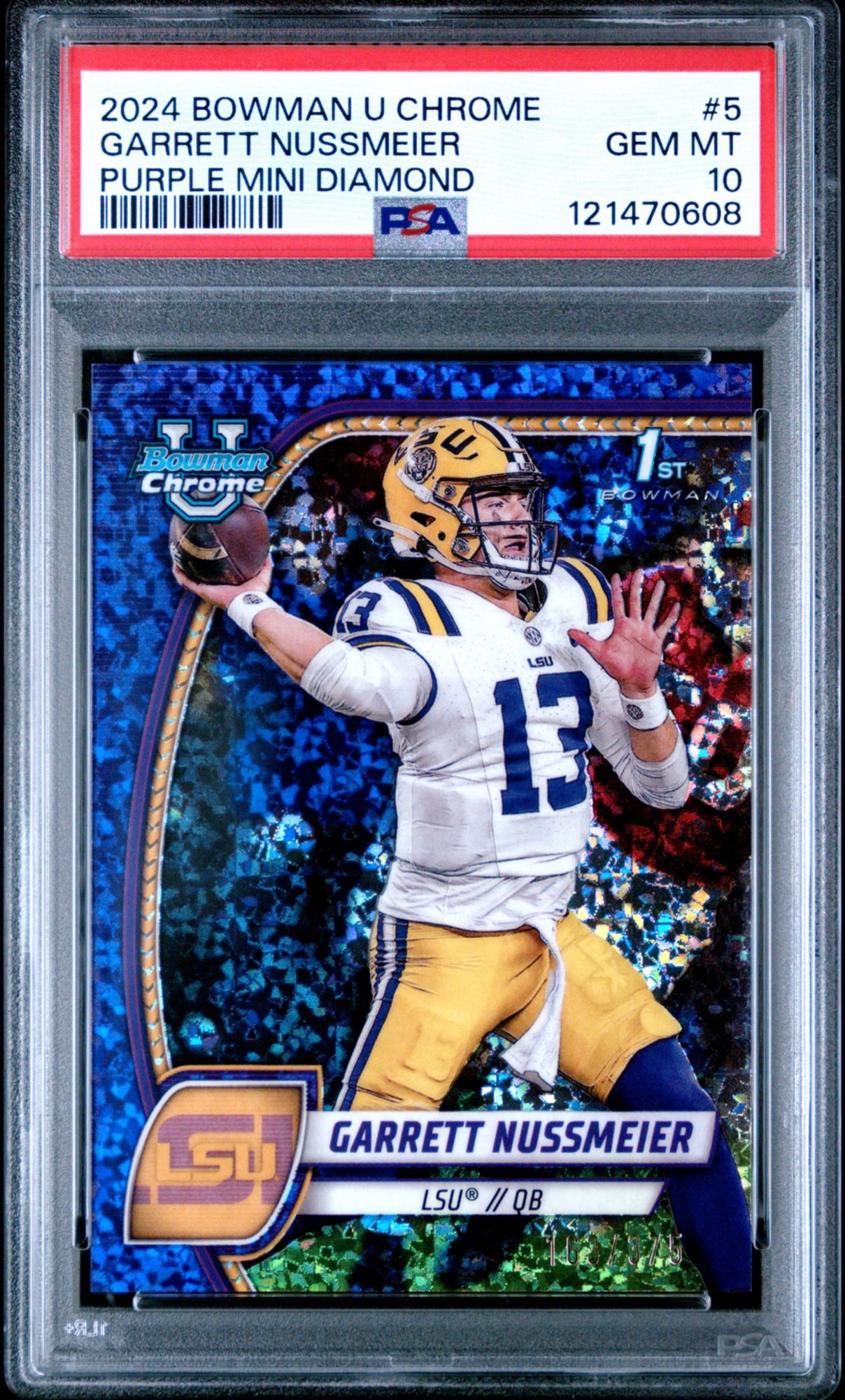2024 Bowman University Chrome 5 Garrett Nussmeier Purple Mini Diamond PSA 10