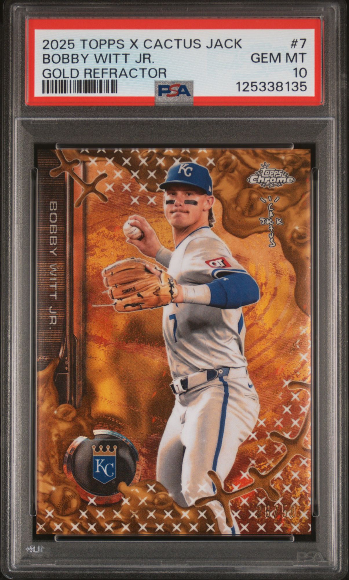 2025 Topps Chrome X Cactus Jack 7 Bobby Witt Jr. Gold Refractor PSA 10