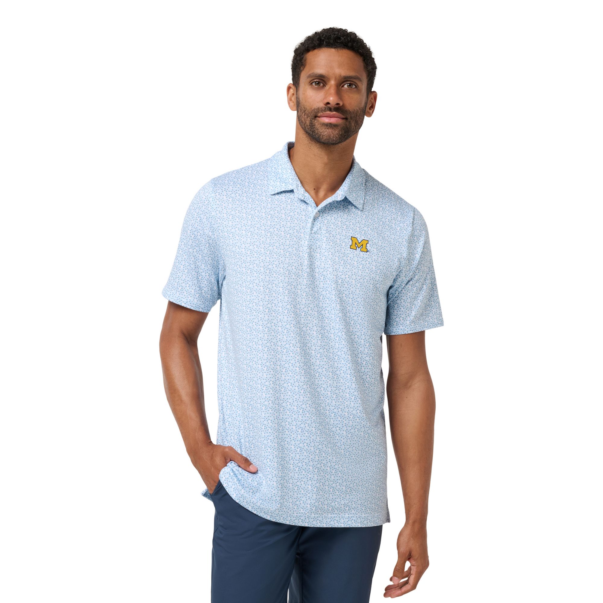 TravisMathew Men's Michigan Wolverines White and Light Blue College Bound Polo, Medium