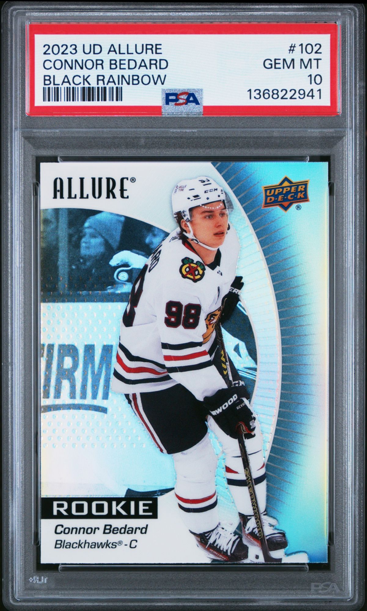 2023 Upper Deck Allure 102 Connor Bedard Black Rainbow PSA 10