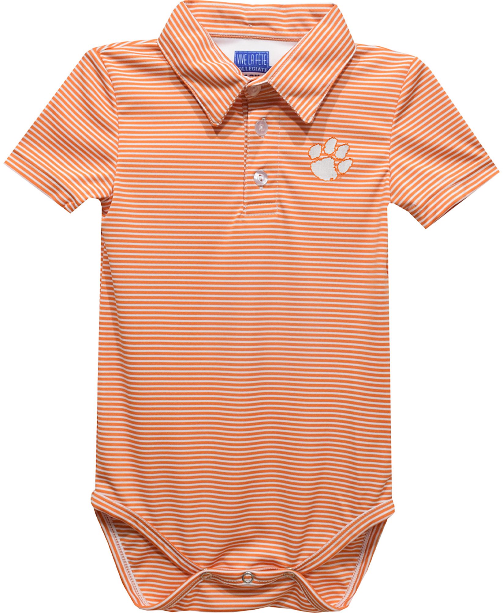 Vive La Fete Infant Clemson Tigers Orange Dave Polo Pencil Stripe Creeper