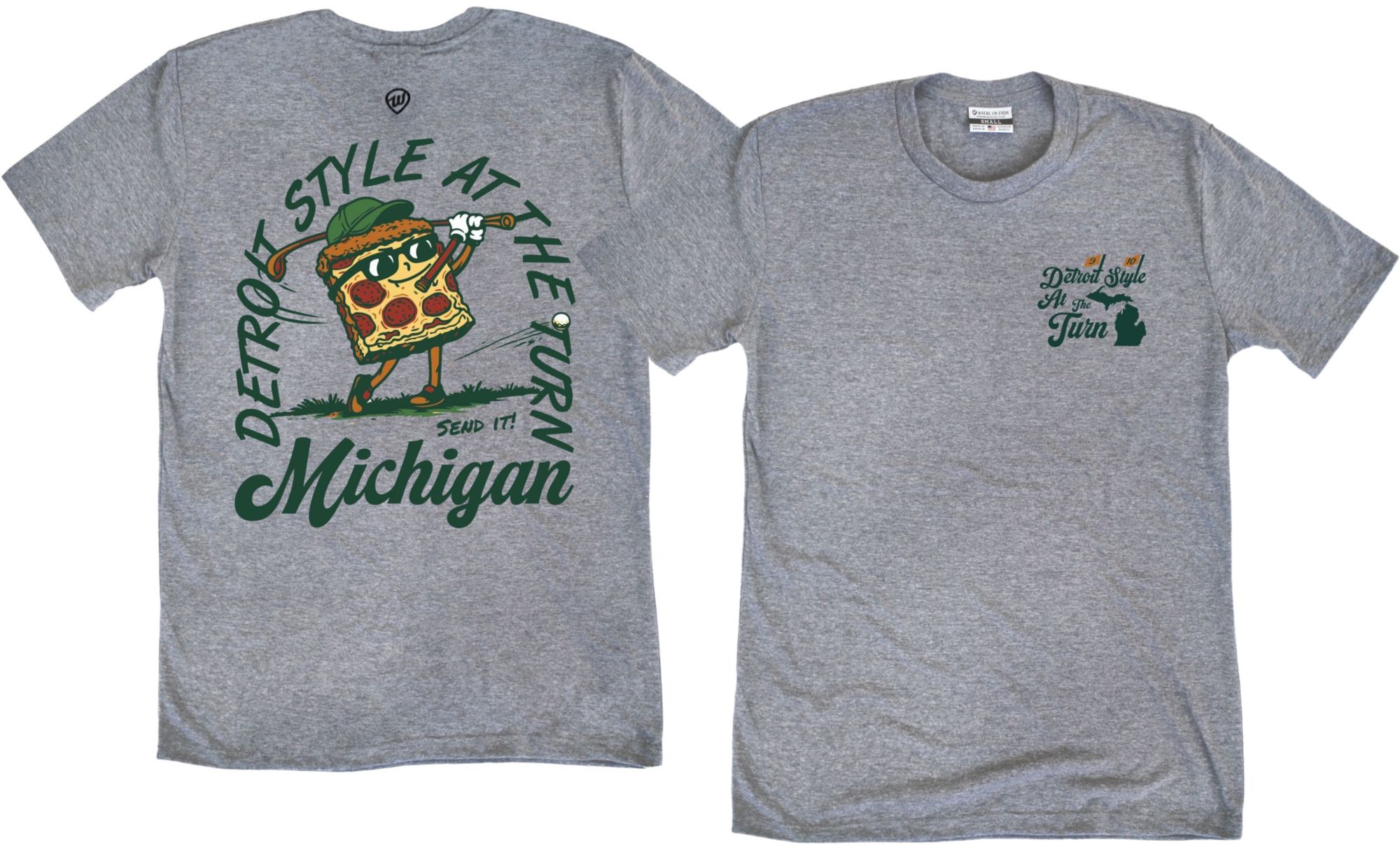 Where I'm From Adult Michigan Gray Pizza 2 Hit Golf T-Shirt