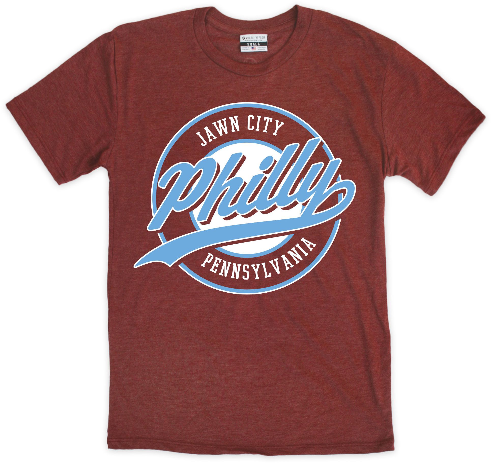 Where I'm From Adult Philadelphia Maroon Script Baseball T-Shirt