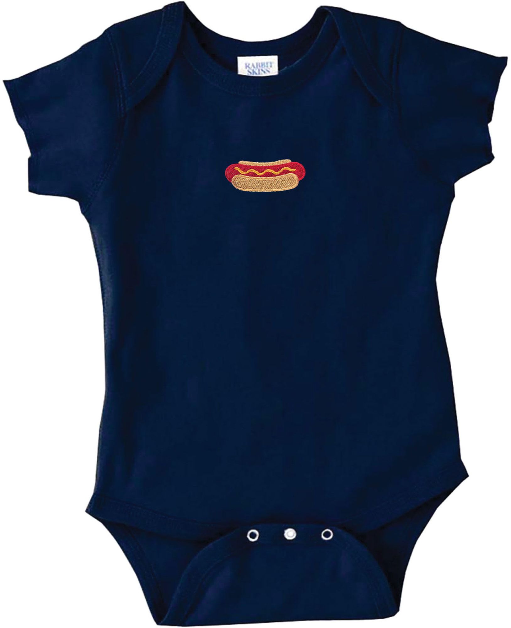 Where I'm From Infant Navy Hot Dog Embroidered Onesie