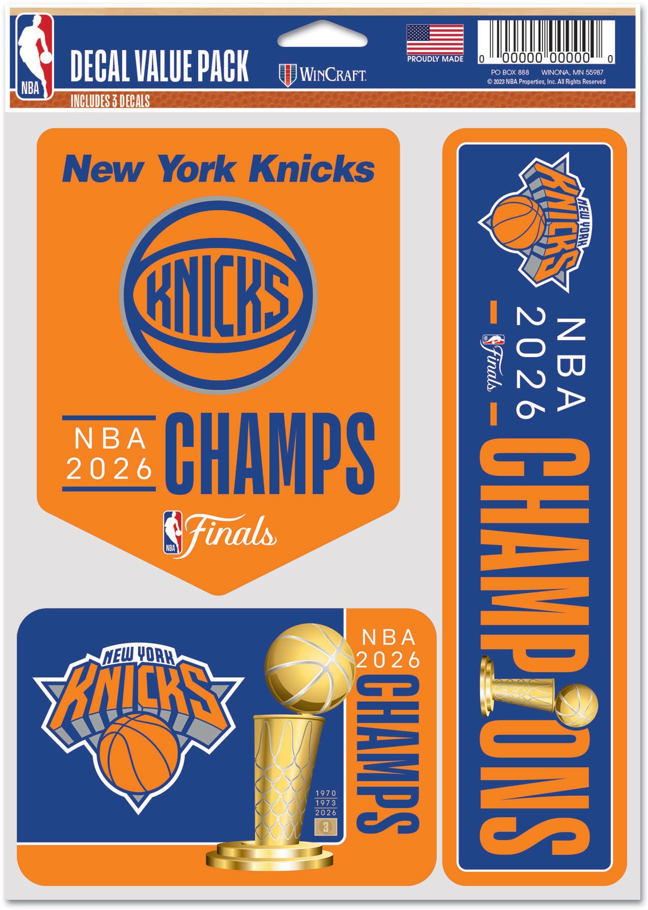 WinCraft 2026 NBA Champions New York Knicks Decals 3-Pack