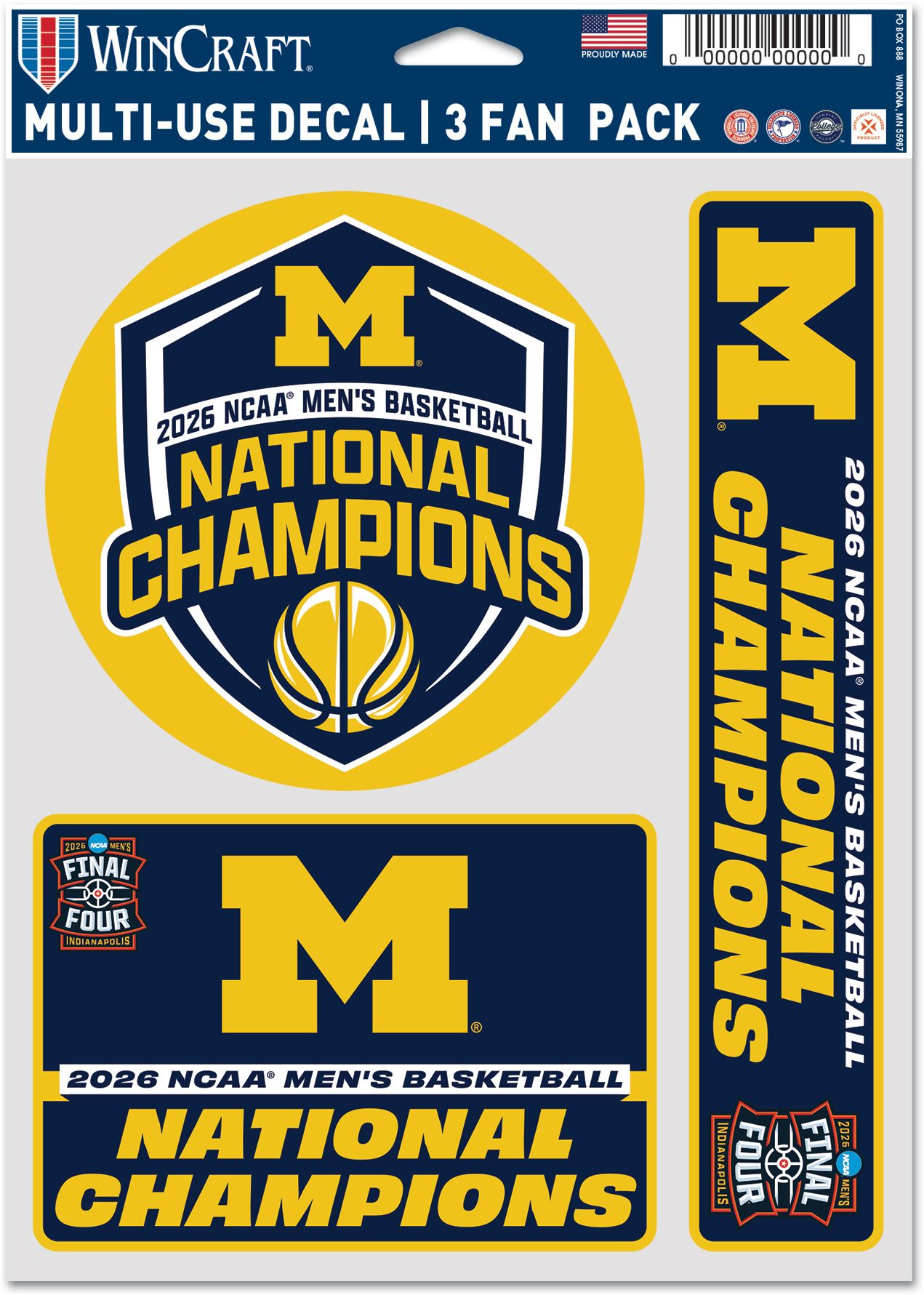WinCraft 2026 Men's Basketball National Champions Michigan Wolverines 3 Pack Decal