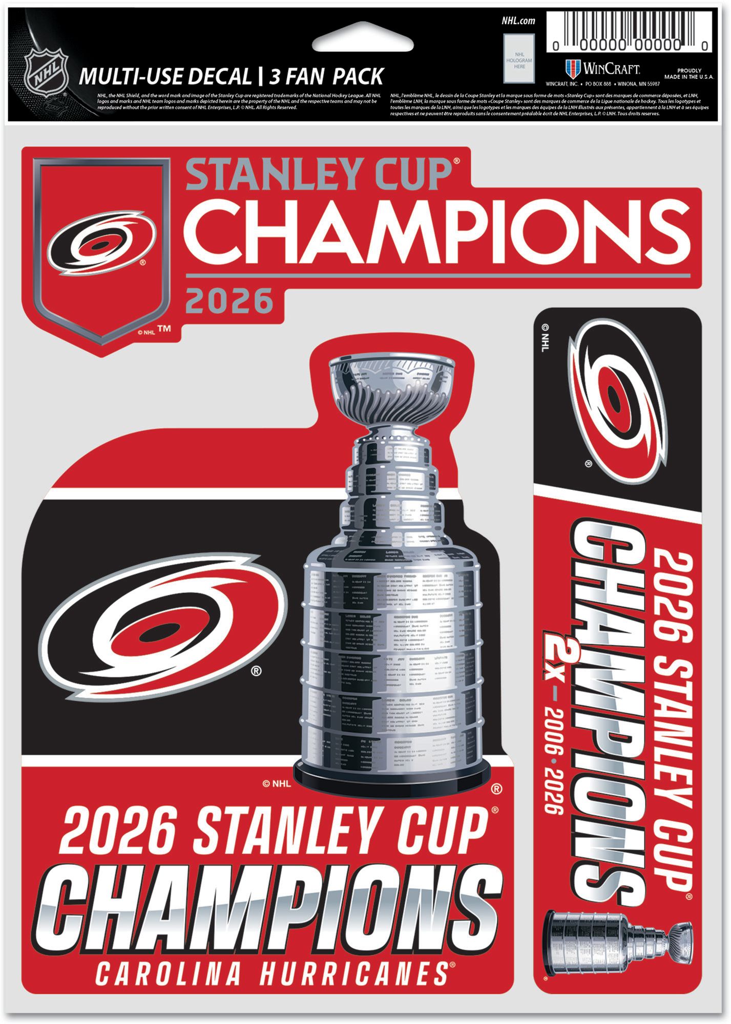 WinCraft Carolina Hurricanes 2026 Stanley Cup Champions 3-Pack Decal