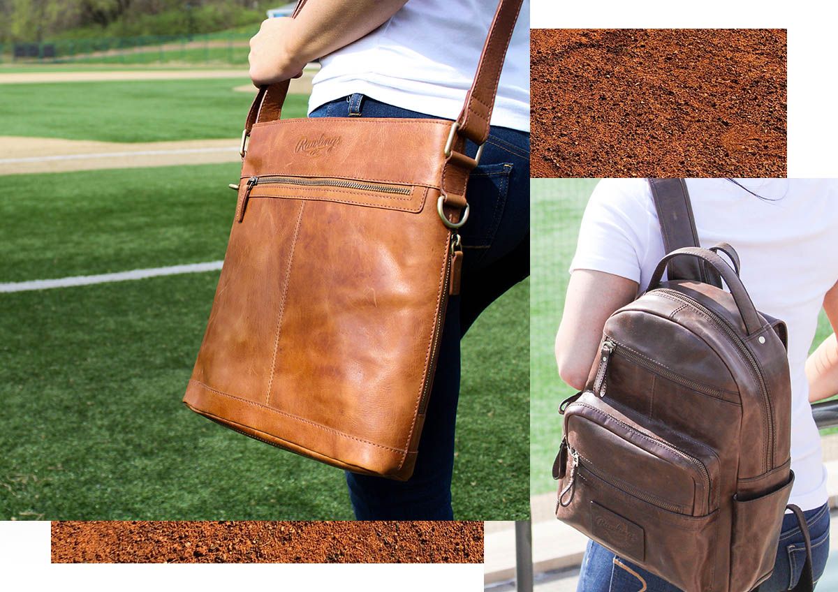 A woman carrying the Rawlings Large Leather Crossbody Bag and another woman with the Rawlings Medium Leather Backpack on her shoulder. 