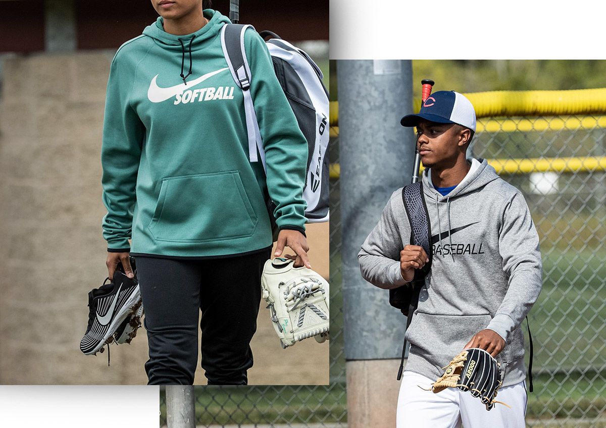 A dual image of a woman wearing Nike softball gear and a man wearing Nike baseball gear.