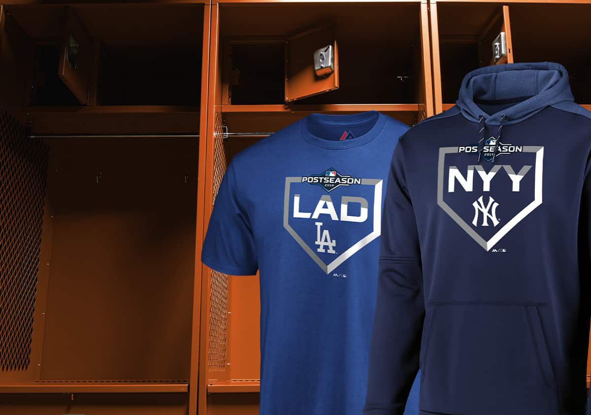 A Los Angeles Dodgers Royal Postseason 2019 tee and New York Yankees postseason 2019 hoodie.