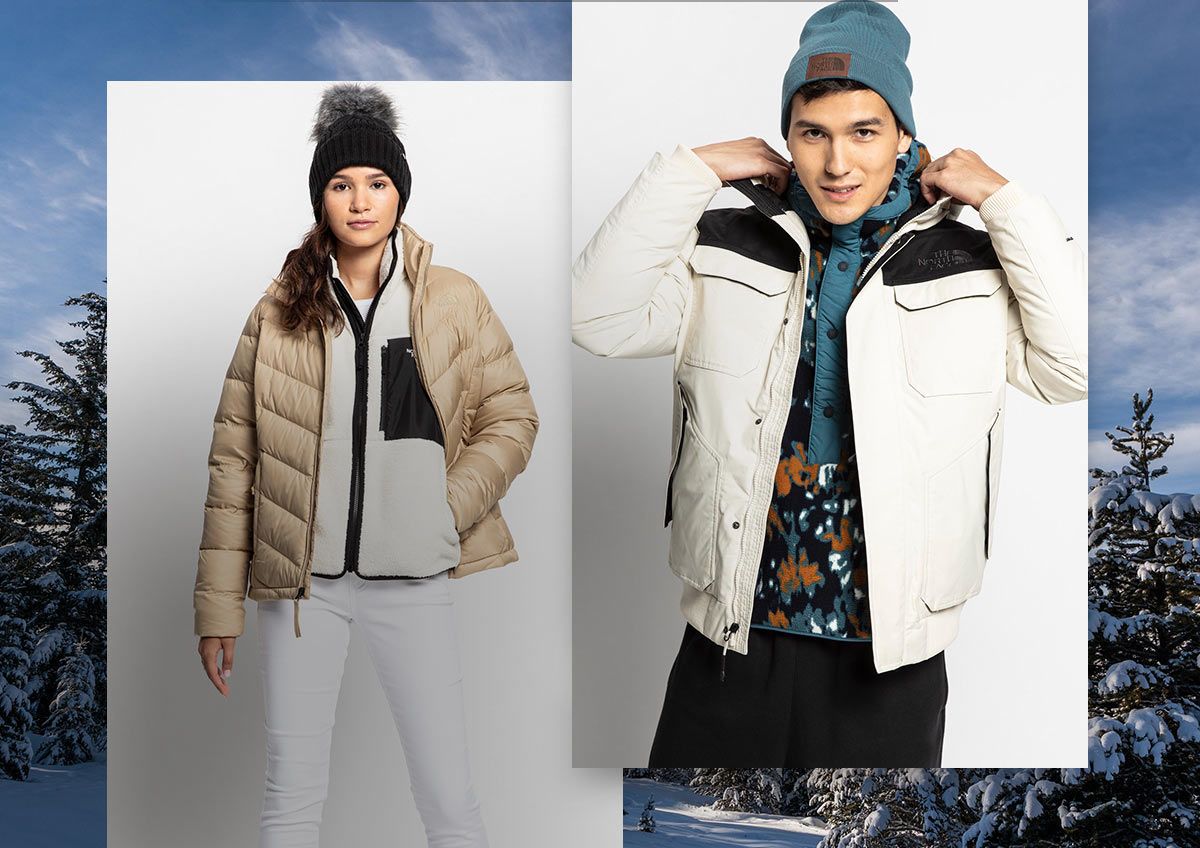 A man and a woman wearing cold-weather The North Face jackets.