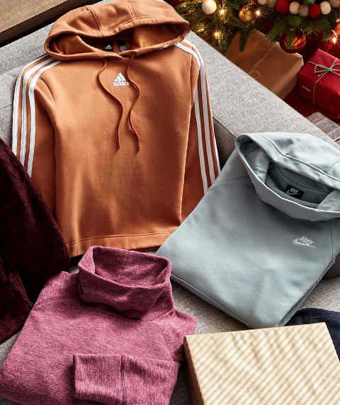 An adidas Women's Post Game Cropped Hoodie, Nike Women's Sportswear Essential Funnel Neck Fleece Hoodie, and a DSG Women's Polar Fleece Funnel Neck Heather Sweatshirt.