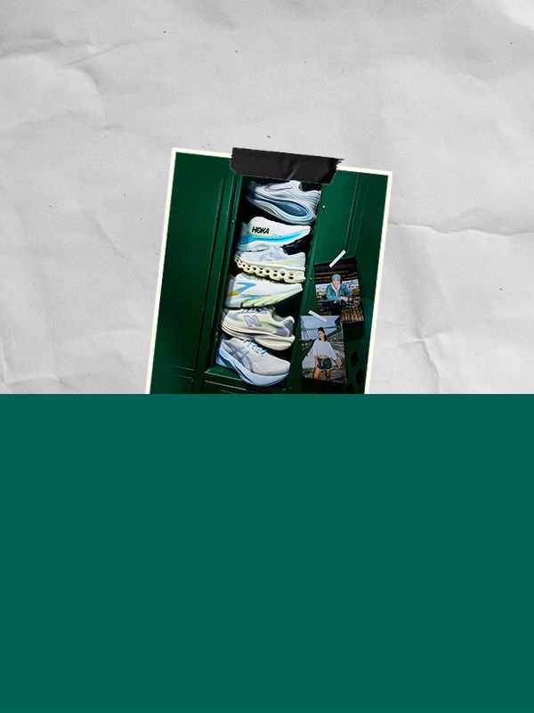 A group of running shoes in a school locker