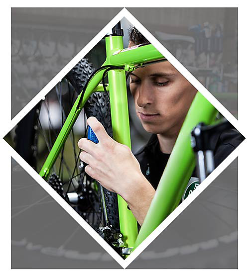 An image featuring a man fixing a bike