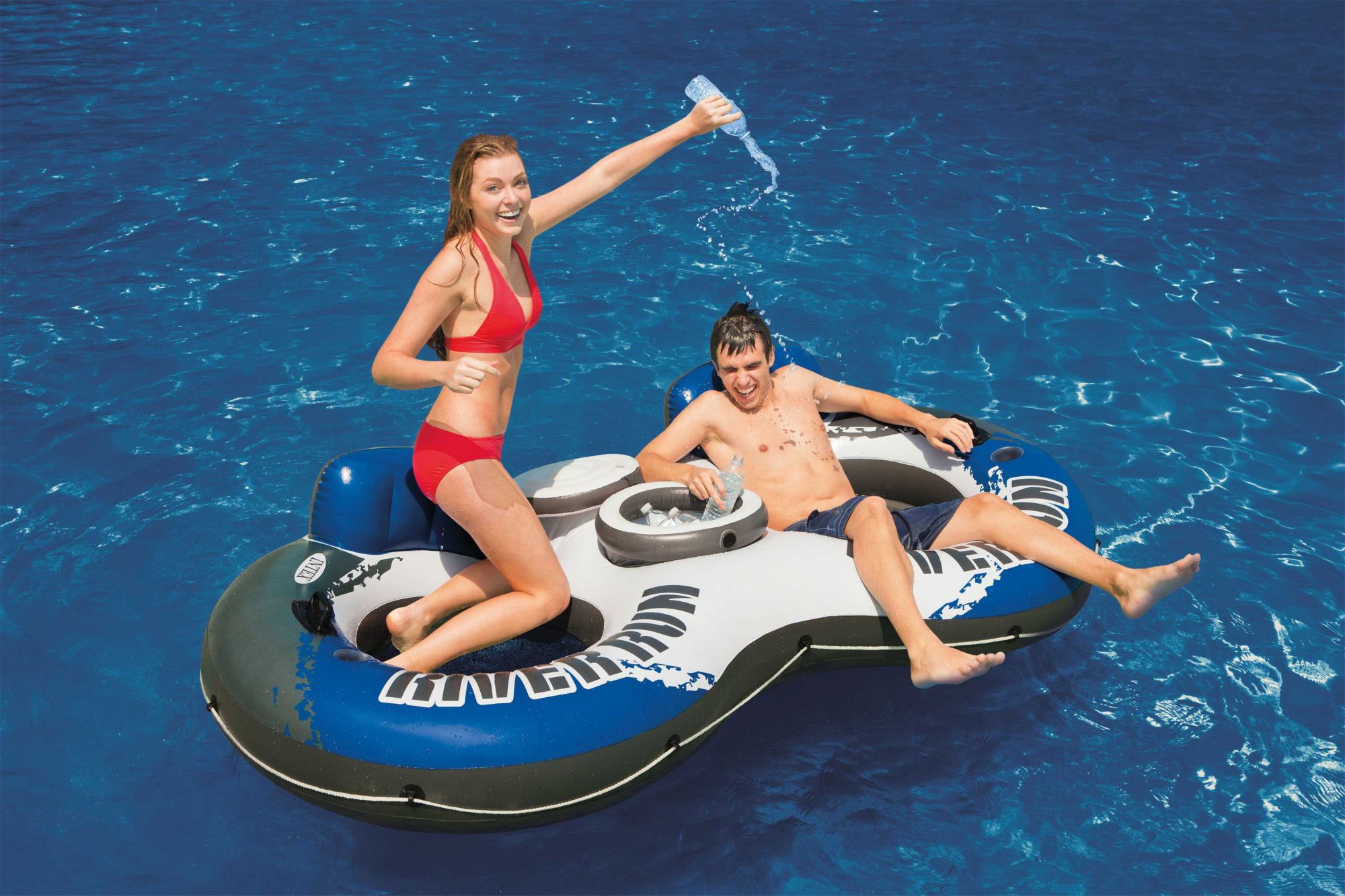 Intex River Run II American Flag Inflatable 2 Person Pool Tube Float with Cooler 